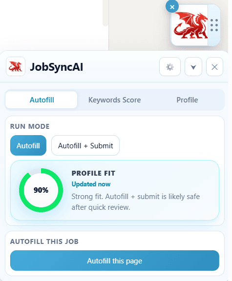 ApplyLoom Chrome extension: Autofill tab with run mode, profile fit score, and Autofill this page button